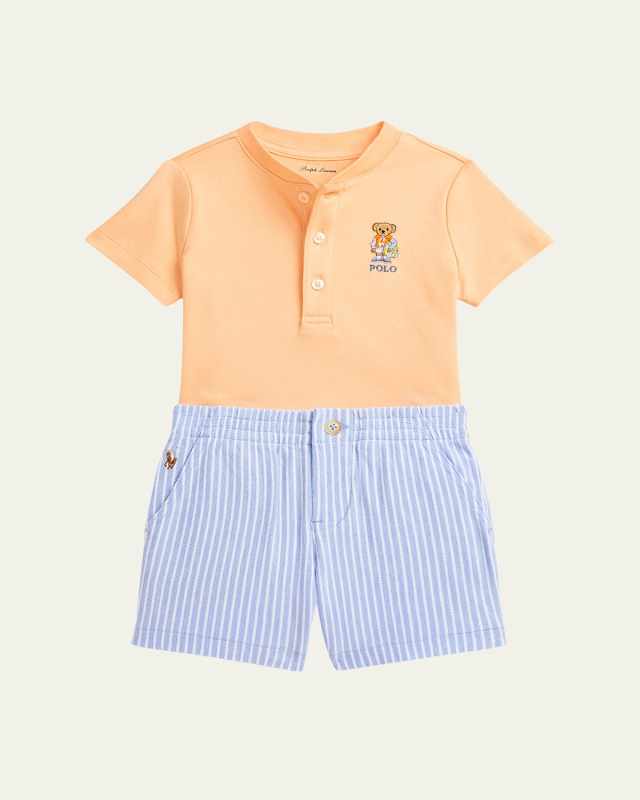 Boy's Polo Bear Seersucker Henley Shirt and Shorts Set, Size 3M-24
